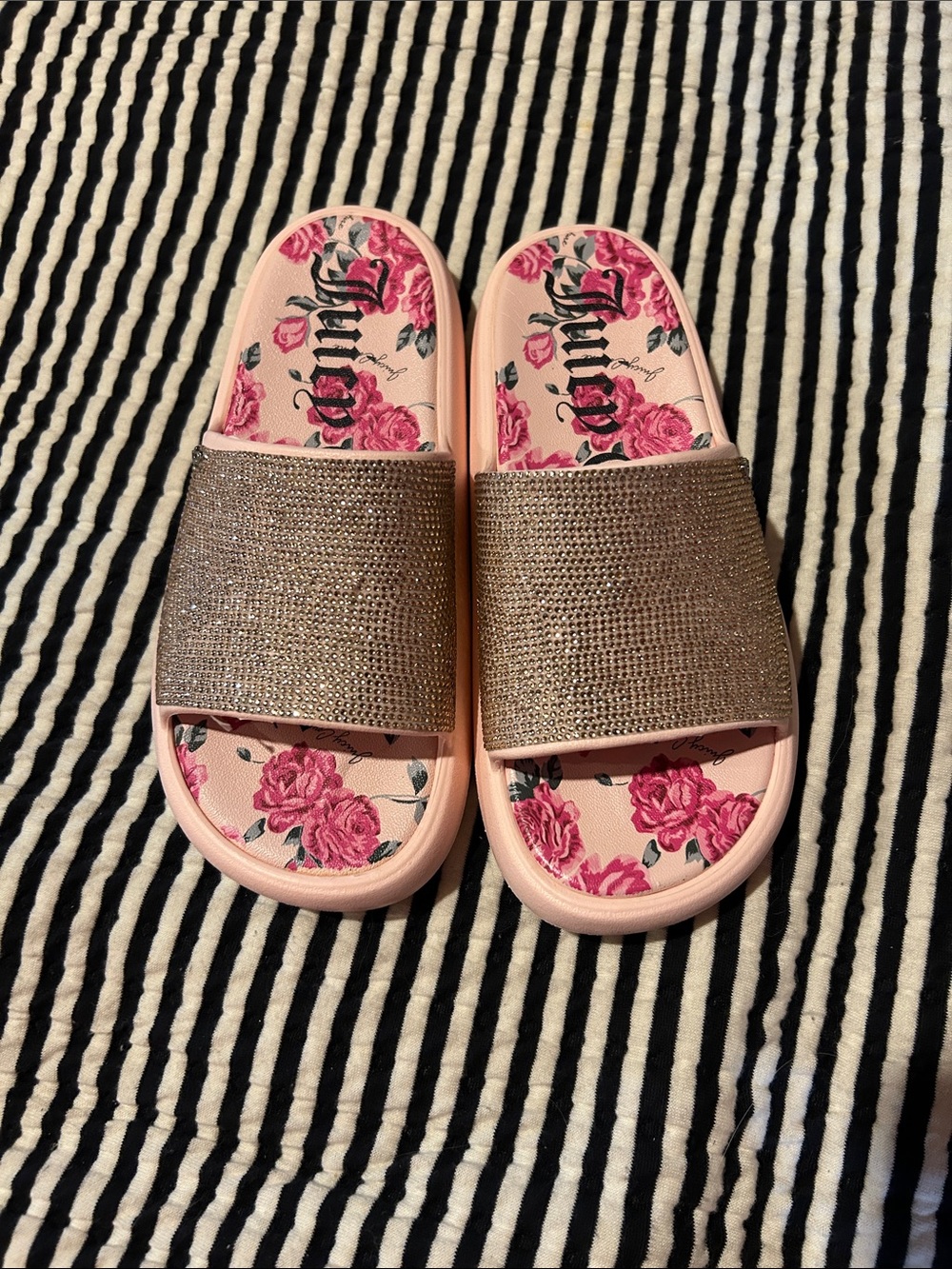 Juicy Couture Pink Floral Slides with Glittery Gold Strap